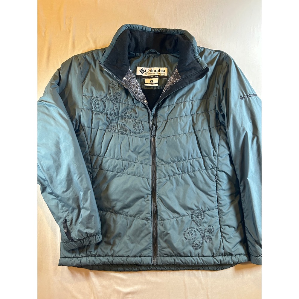 Columbia Womens Teal Blue Embroidered Swirl Puffer Jacket Interchange Large